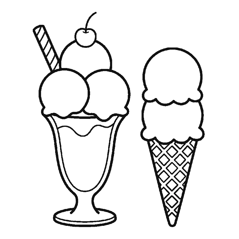 Step-by-step drawing sheet: an ice-cream sundae in a tall footed glass with three scoops, a wafer and a cherry, standing beside a waffle cone with two scoops, built up over six frames from the cone's scoops and the glass bowl to the sundae's scoops and wafer, the glass stem and foot, the waffle pattern, and the cherry last, black outlines on white