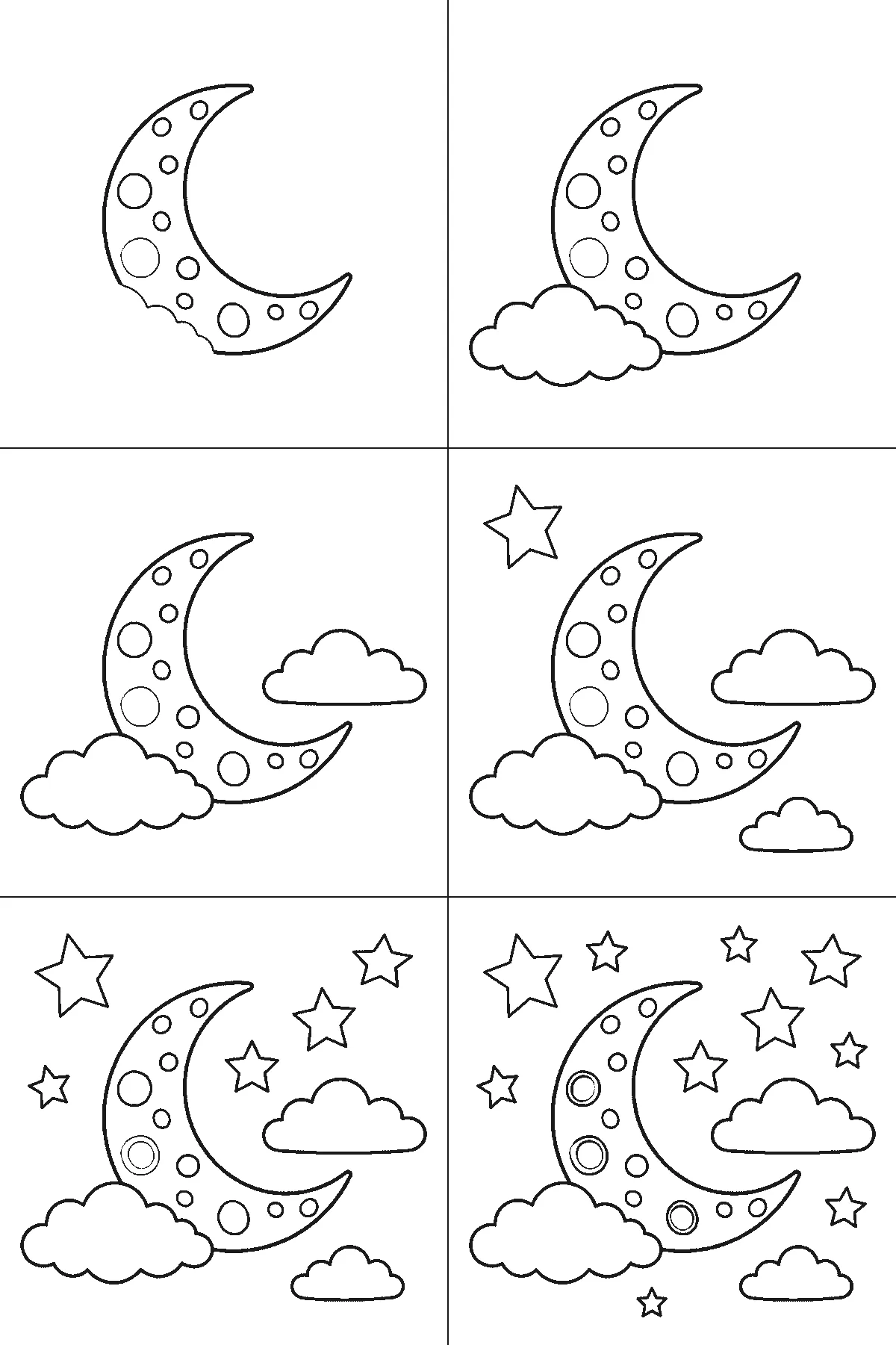 Step-by-step drawing sheet: a crescent moon in a night sky, built up over six frames from the whole moon with every crater already on it to three clouds one at a time, then a scatter of five-pointed stars, with the last stars and three crater rings last, black outlines on white