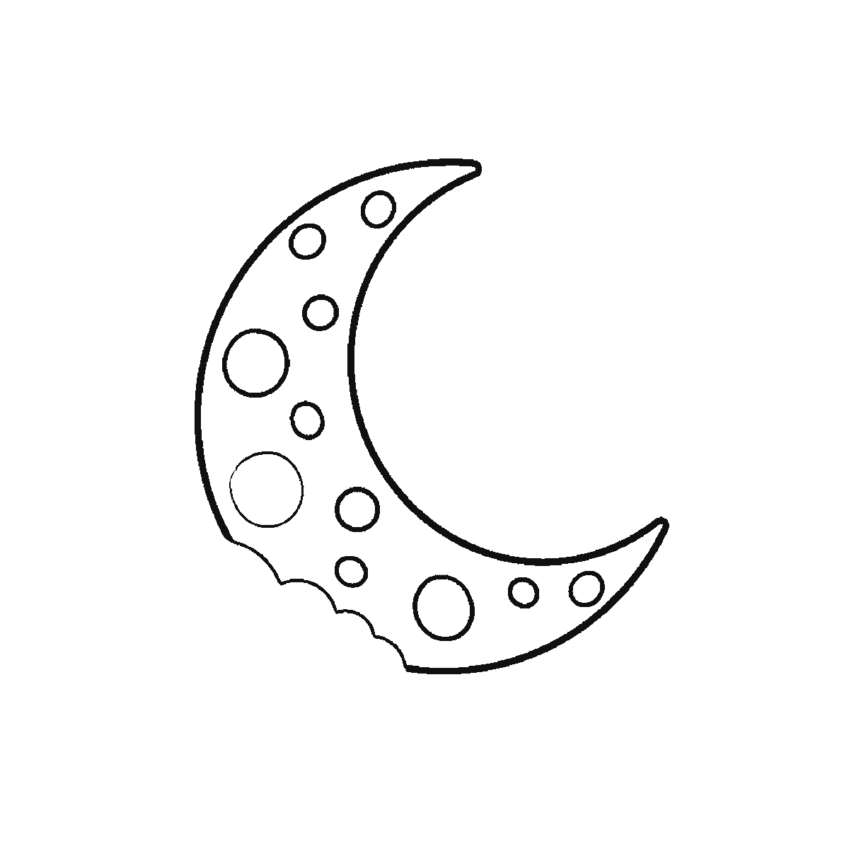Step 1 of 6: Step-by-step drawing sheet: a crescent moon in a night sky, built up over six frames from the whole moon with every crater already on it to three clouds one at a time, then a scatter of five-pointed stars, with the last stars and three crater rings last, black outlines on white