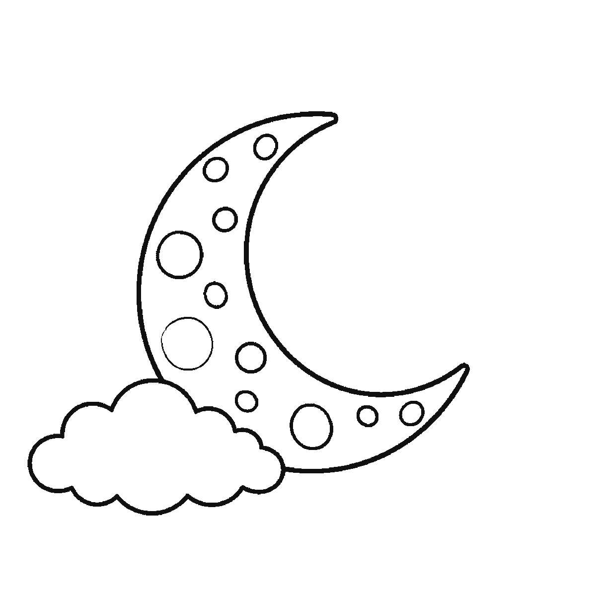 Step 2 of 6: Step-by-step drawing sheet: a crescent moon in a night sky, built up over six frames from the whole moon with every crater already on it to three clouds one at a time, then a scatter of five-pointed stars, with the last stars and three crater rings last, black outlines on white