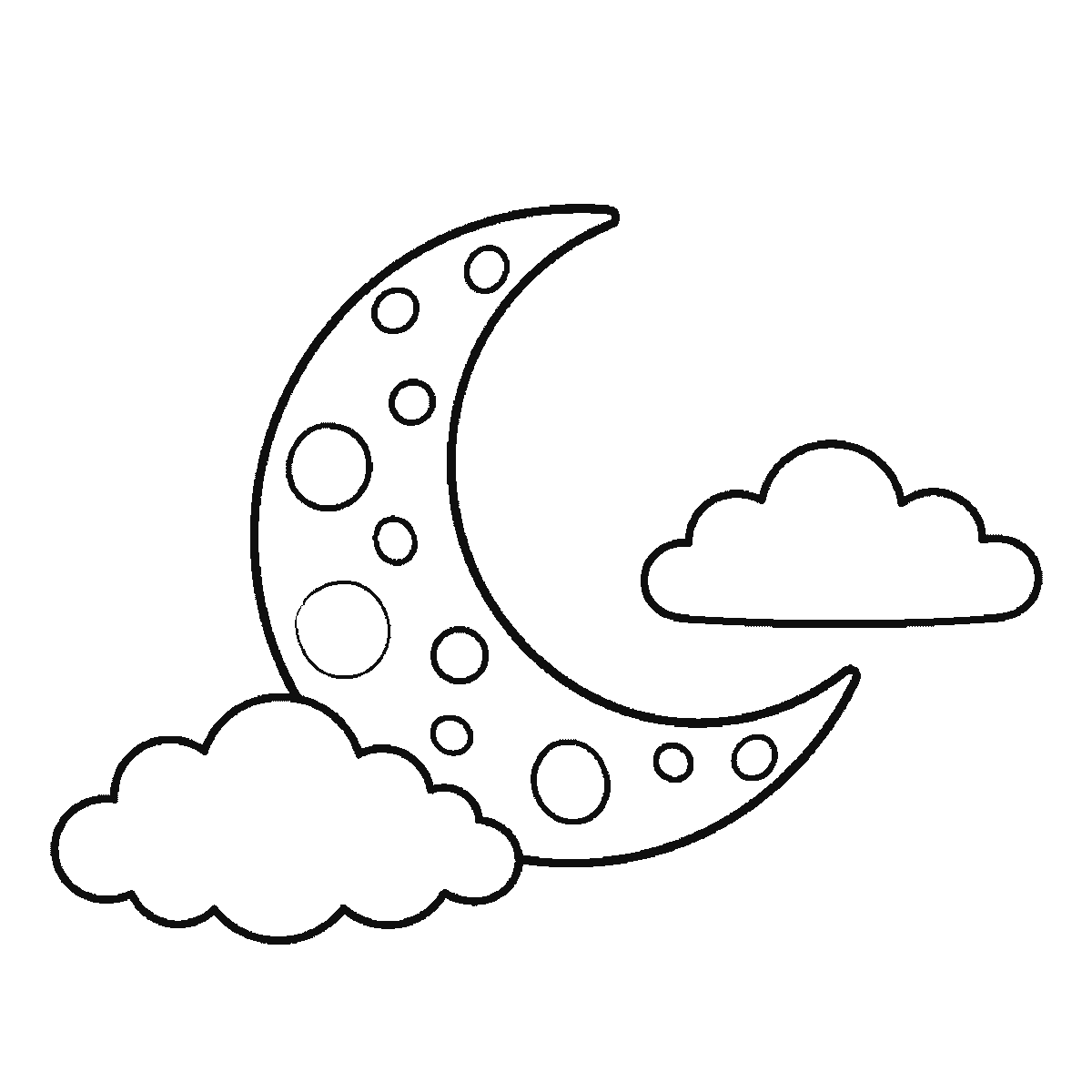 Step 3 of 6: Step-by-step drawing sheet: a crescent moon in a night sky, built up over six frames from the whole moon with every crater already on it to three clouds one at a time, then a scatter of five-pointed stars, with the last stars and three crater rings last, black outlines on white