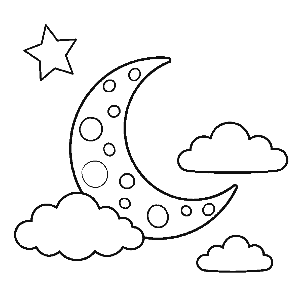 Step 4 of 6: Step-by-step drawing sheet: a crescent moon in a night sky, built up over six frames from the whole moon with every crater already on it to three clouds one at a time, then a scatter of five-pointed stars, with the last stars and three crater rings last, black outlines on white