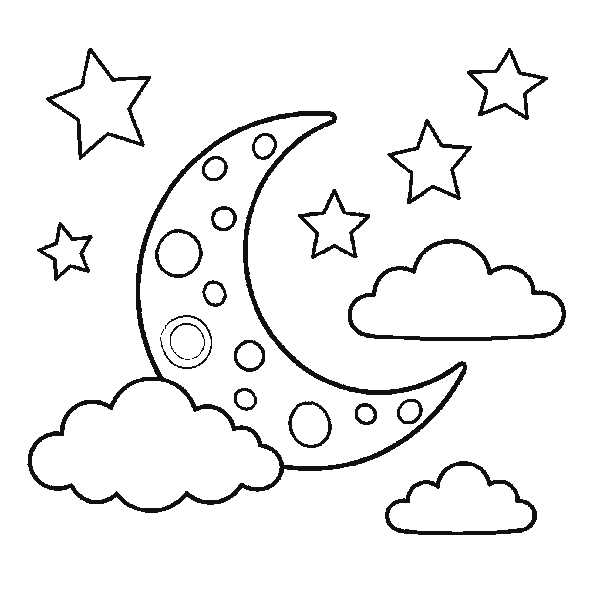 Step 5 of 6: Step-by-step drawing sheet: a crescent moon in a night sky, built up over six frames from the whole moon with every crater already on it to three clouds one at a time, then a scatter of five-pointed stars, with the last stars and three crater rings last, black outlines on white