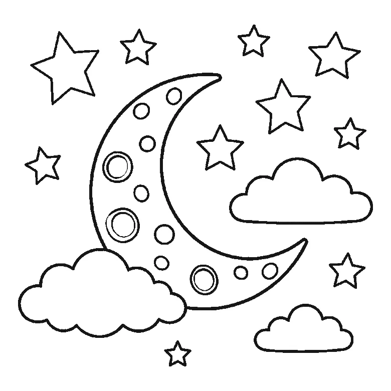 Step-by-step drawing sheet: a crescent moon in a night sky, built up over six frames from the whole moon with every crater already on it to three clouds one at a time, then a scatter of five-pointed stars, with the last stars and three crater rings last, black outlines on white
