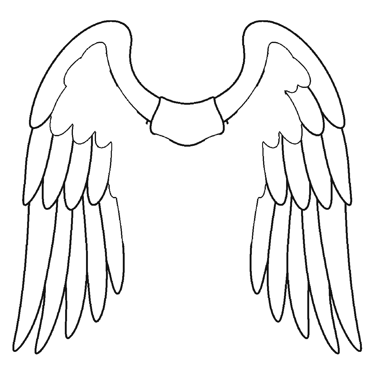 Step 4 of 6: Step-by-step drawing sheet: a pair of feathered wings spread wide, built up over six frames from the leading edge to the shoulder panel, then the long flight feathers and the medium rows working inwards, with the small round coverts last, the same feather on both wings each frame, black outlines on white
