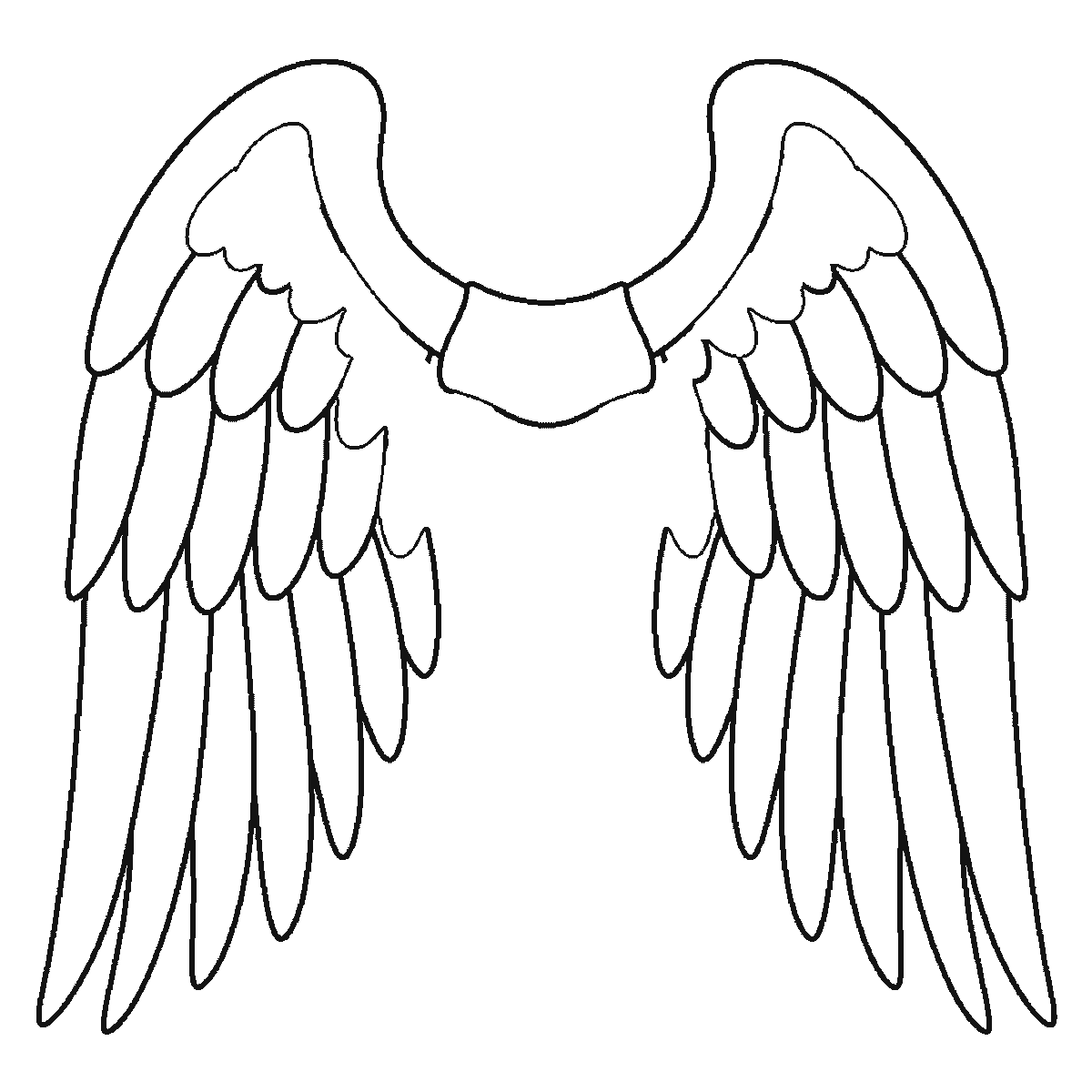 Step 5 of 6: Step-by-step drawing sheet: a pair of feathered wings spread wide, built up over six frames from the leading edge to the shoulder panel, then the long flight feathers and the medium rows working inwards, with the small round coverts last, the same feather on both wings each frame, black outlines on white