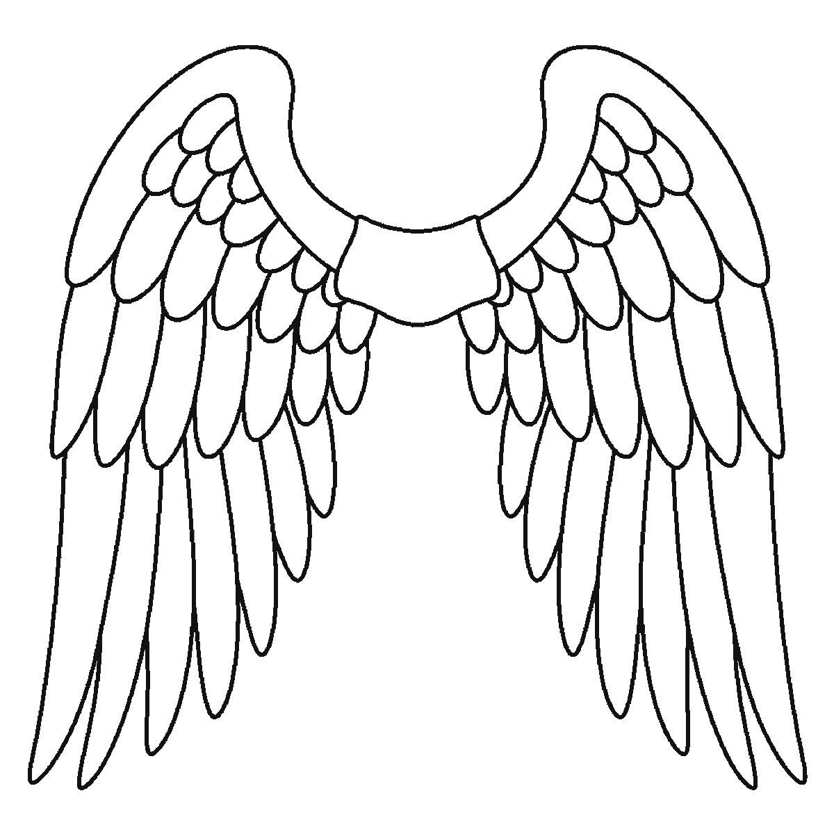 Step 6 of 6: Step-by-step drawing sheet: a pair of feathered wings spread wide, built up over six frames from the leading edge to the shoulder panel, then the long flight feathers and the medium rows working inwards, with the small round coverts last, the same feather on both wings each frame, black outlines on white